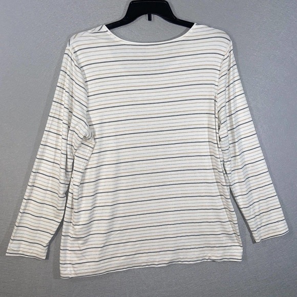 Chicos Top Womens 3 Beige Gray Stretch Scoop Neck Striped Long Sleeve Casual - Picture 9 of 15